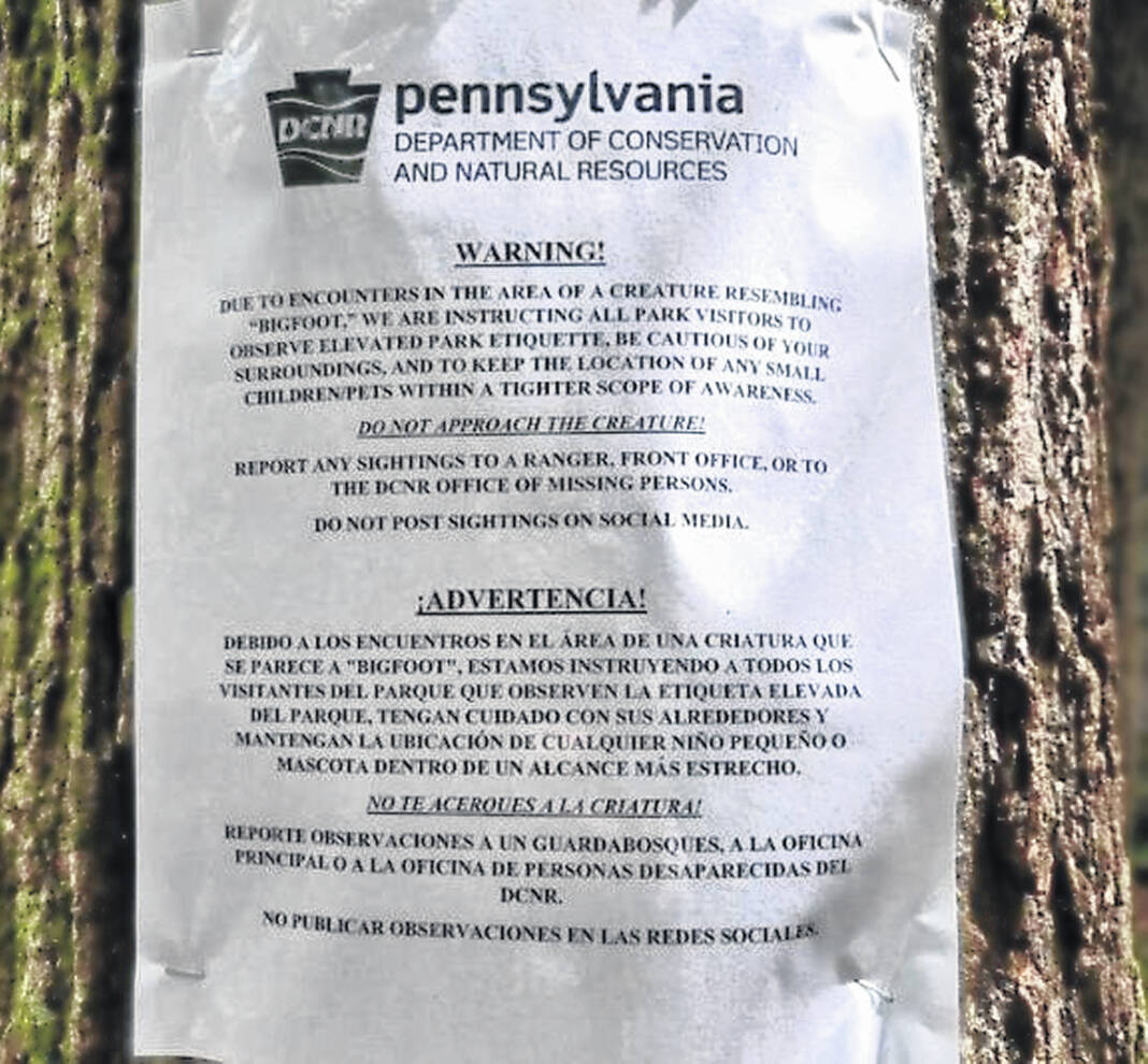 Bigfoot warnings dot Pennsylvania’s state parks Who put them there